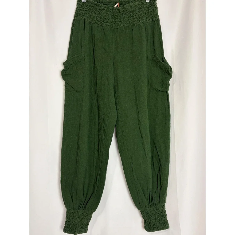 Free People Movement Boho Hippie Green Cotton Gauze Harem Jogger Pants Small